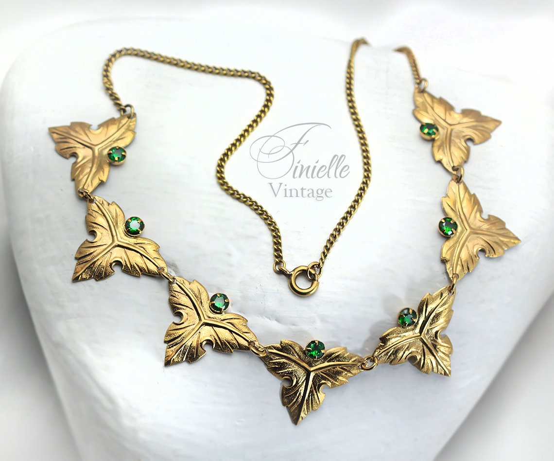 Vintage Art Deco 1915-1935 Gilded Floral Necklace, Emerald Green Rhinestone Glass, Yellow Tone Unique Jewelry, Jewellery, Gift for Woman