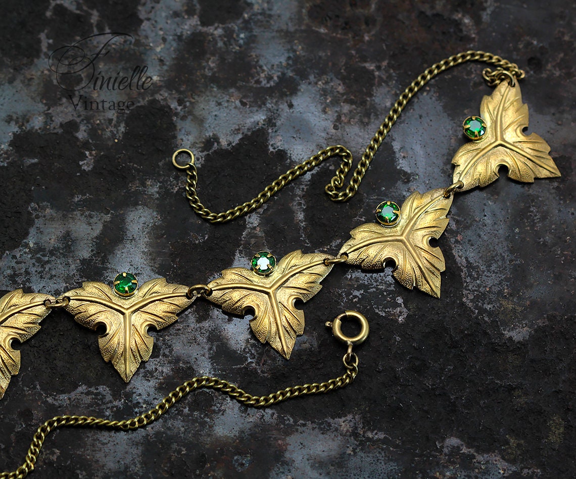Vintage Art Deco 1915-1935 Gilded Floral Necklace, Emerald Green Rhinestone Glass, Yellow Tone Unique Jewelry, Jewellery, Gift for Woman