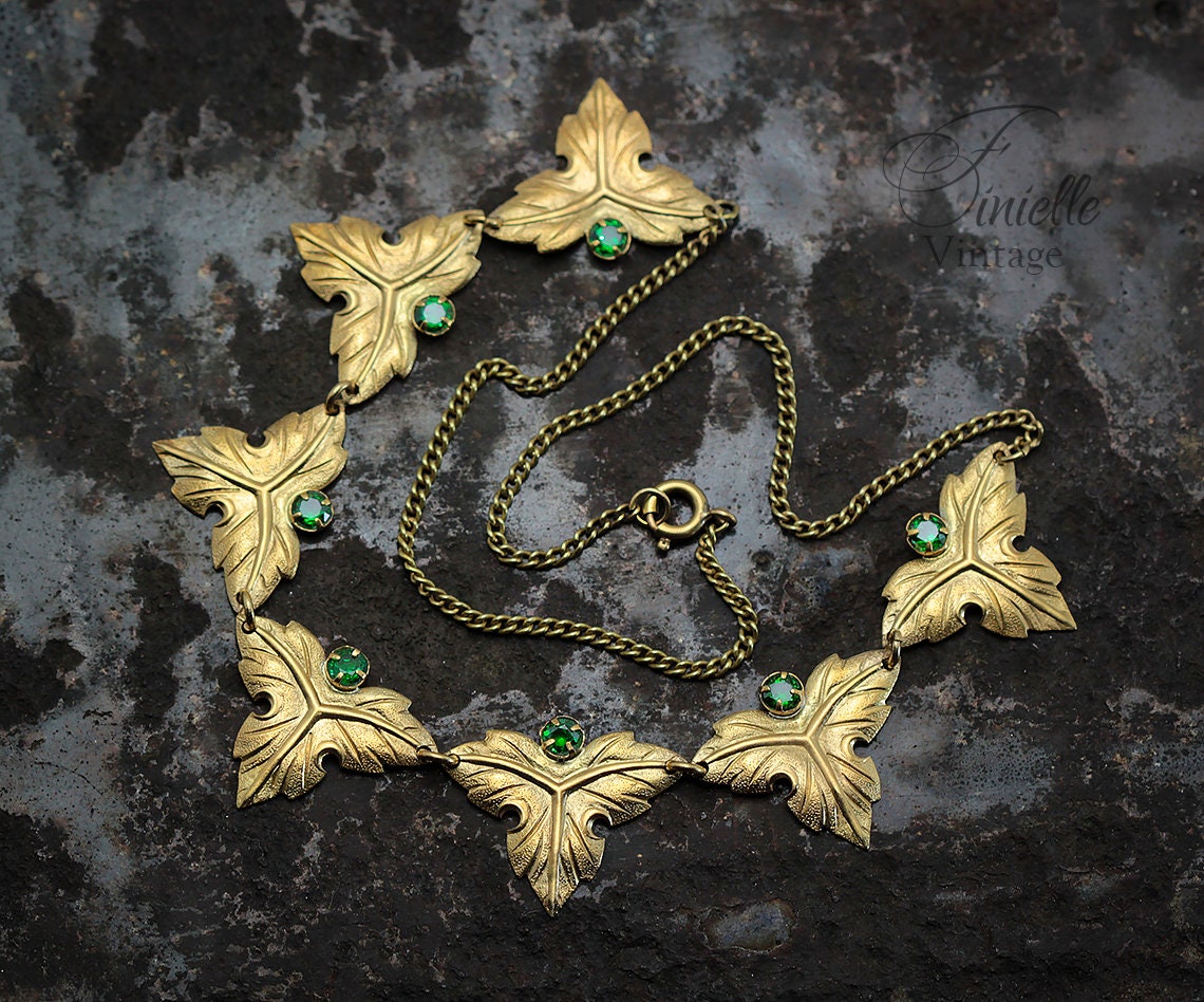 Vintage Art Deco 1915-1935 Gilded Floral Necklace, Emerald Green Rhinestone Glass, Yellow Tone Unique Jewelry, Jewellery, Gift for Woman