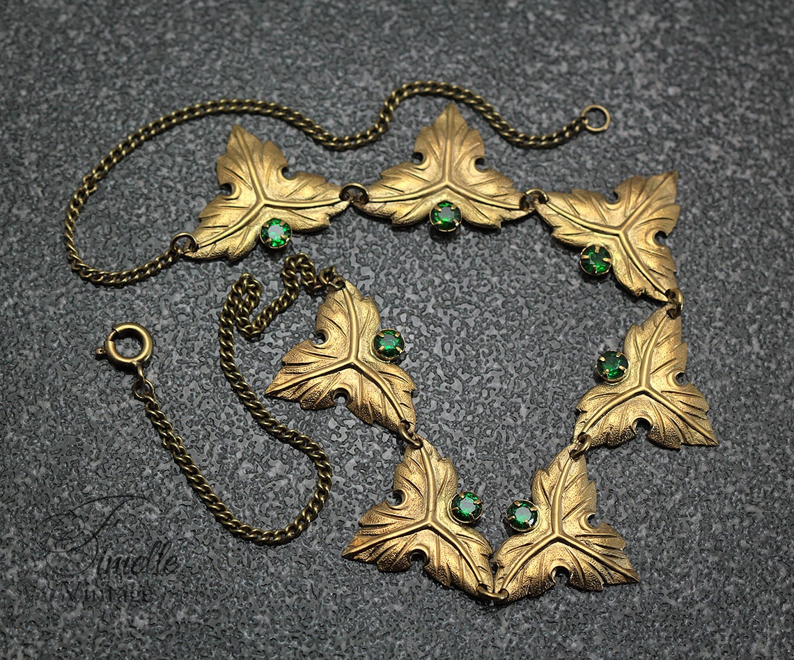 Vintage Art Deco 1915-1935 Gilded Floral Necklace, Emerald Green Rhinestone Glass, Yellow Tone Unique Jewelry, Jewellery, Gift for Woman