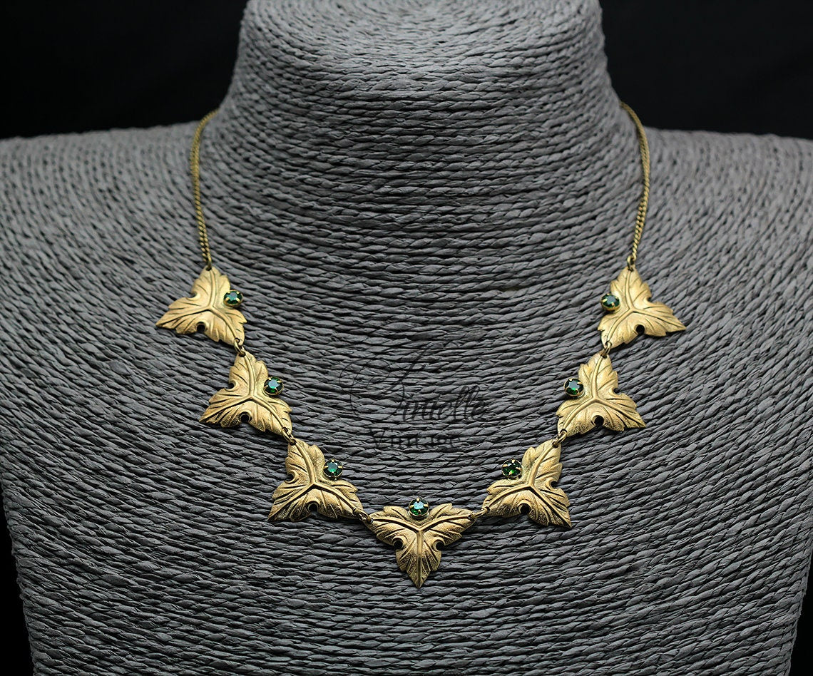 Vintage Art Deco 1915-1935 Gilded Floral Necklace, Emerald Green Rhinestone Glass, Yellow Tone Unique Jewelry, Jewellery, Gift for Woman