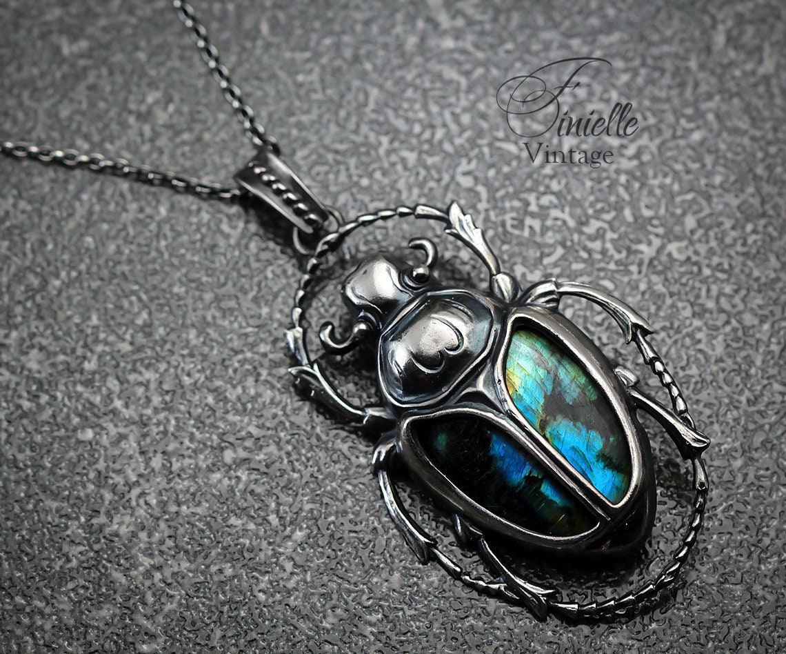 Art Deco Vintage style Egyptian Scarab Pendant Necklace, Antique Silver Plated, Royal Blue Labradorite, Sterling Silver Chain, Unique Gift