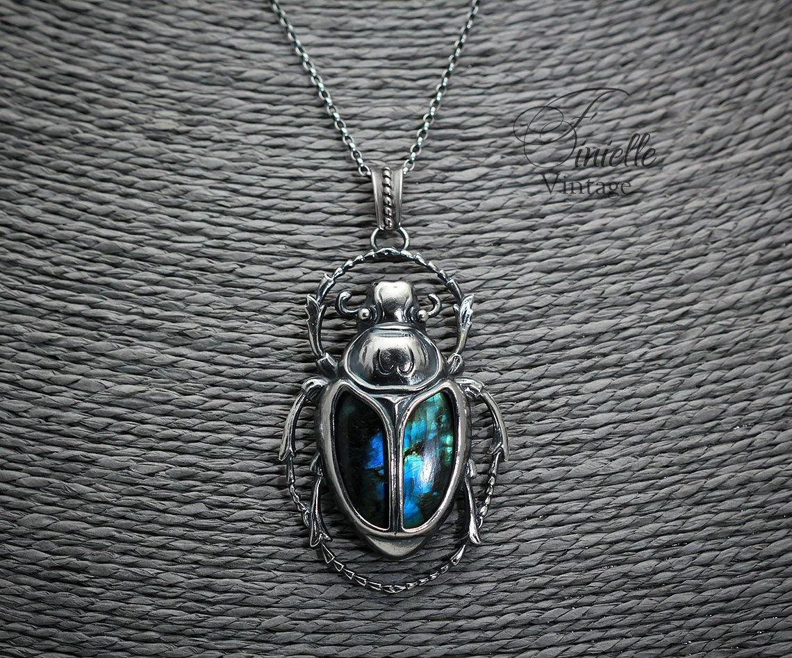 Art Deco Vintage style Egyptian Scarab Pendant Necklace, Antique Silver Plated, Royal Blue Labradorite, Sterling Silver Chain, Unique Gift