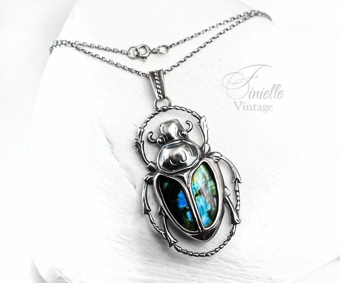 Art Deco Vintage style Egyptian Scarab Pendant Necklace, Antique Silver Plated, Royal Blue Labradorite, Sterling Silver Chain, Unique Gift