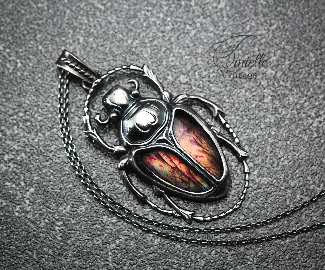 Art Deco Vintage style Egyptian Scarab Pendant Necklace, Antique Silver Plated, Redish Labradorite, Sterling Silver Chain, Unique Gift