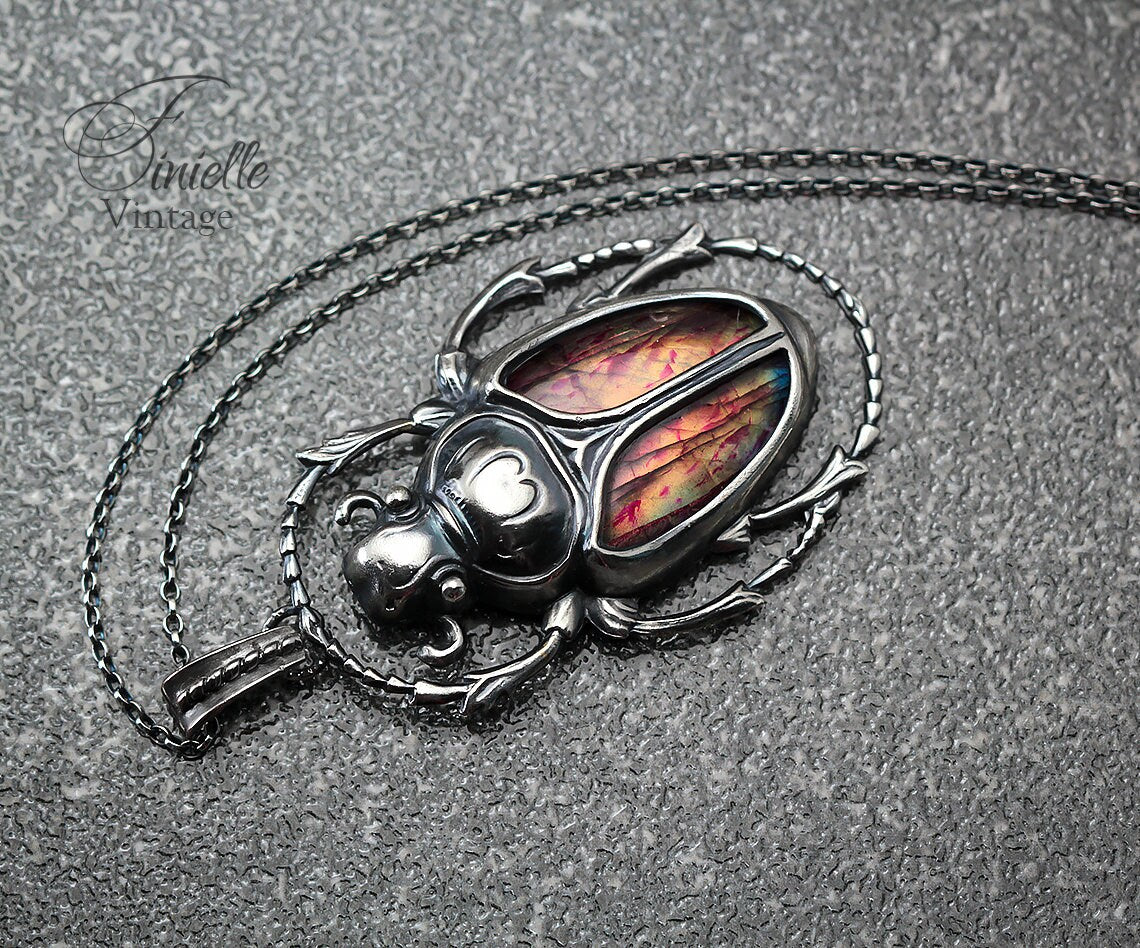 Art Deco Vintage style Egyptian Scarab Pendant Necklace, Antique Silver Plated, Redish Labradorite, Sterling Silver Chain, Unique Gift