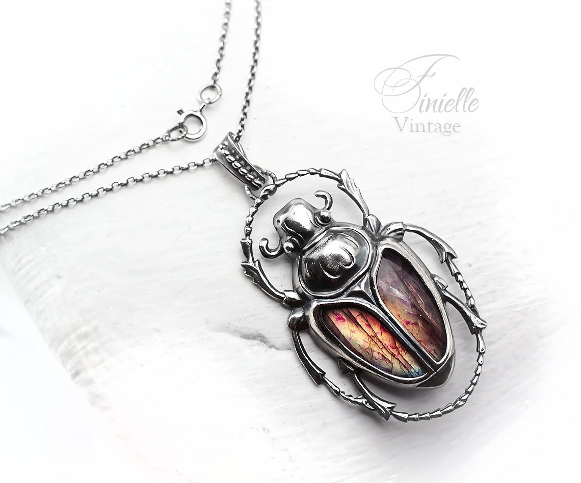 Art Deco Vintage style Egyptian Scarab Pendant Necklace, Antique Silver Plated, Redish Labradorite, Sterling Silver Chain, Unique Gift
