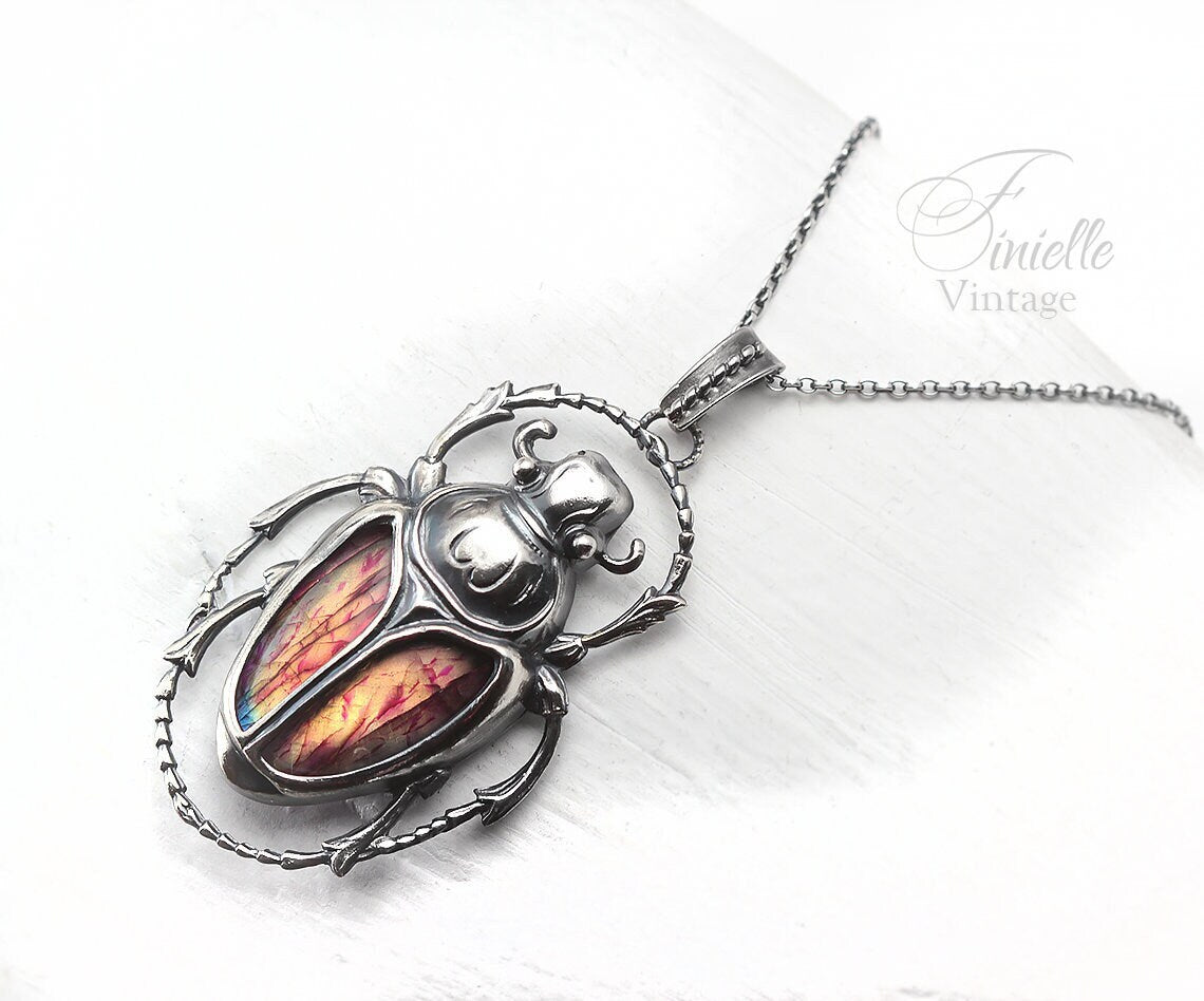 Art Deco Vintage style Egyptian Scarab Pendant Necklace, Antique Silver Plated, Redish Labradorite, Sterling Silver Chain, Unique Gift
