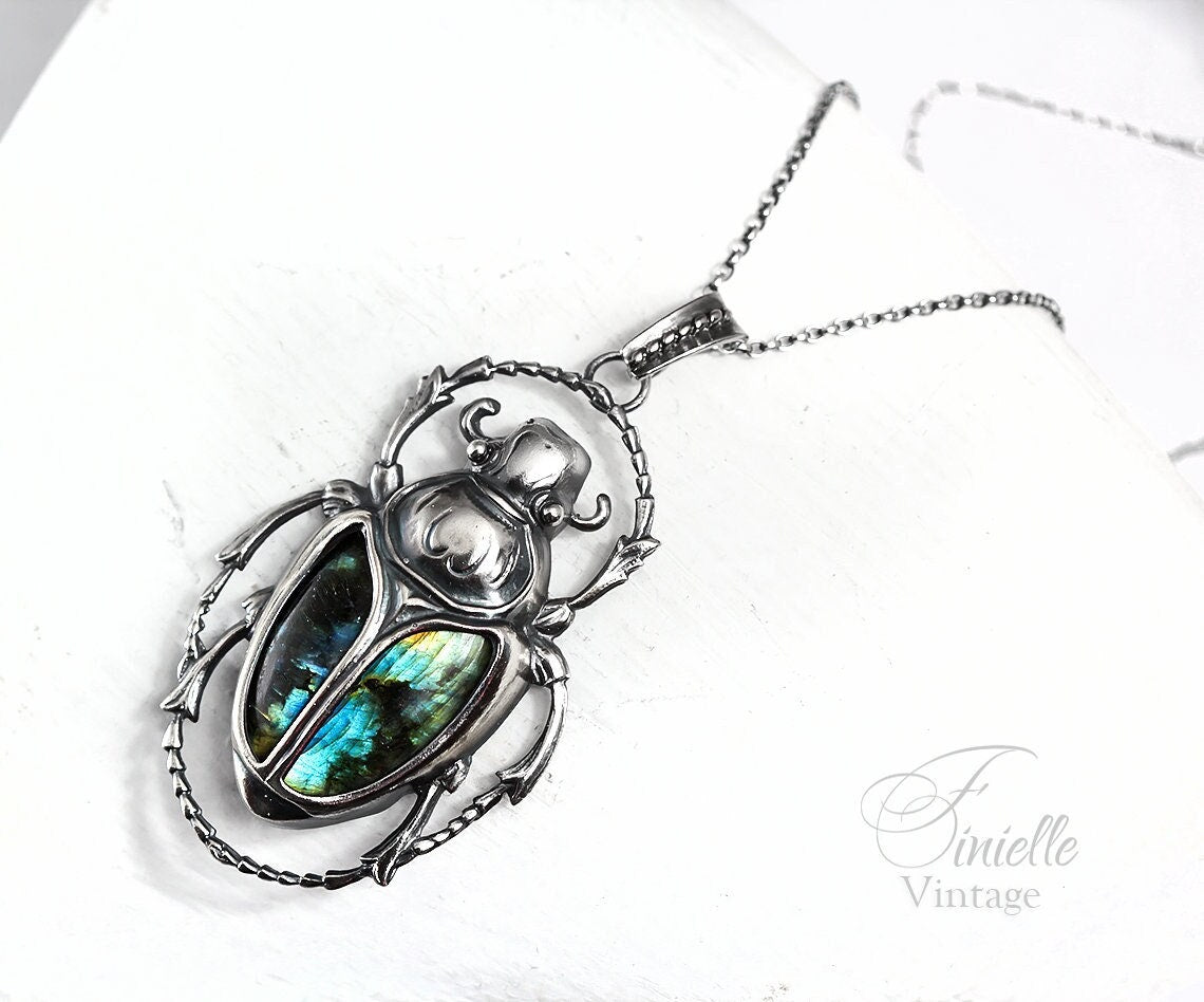 Art Deco Vintage style Egyptian Scarab Pendant Necklace, Antique Silver Plated, Royal Blue Labradorite, Sterling Silver Chain, Unique Gift