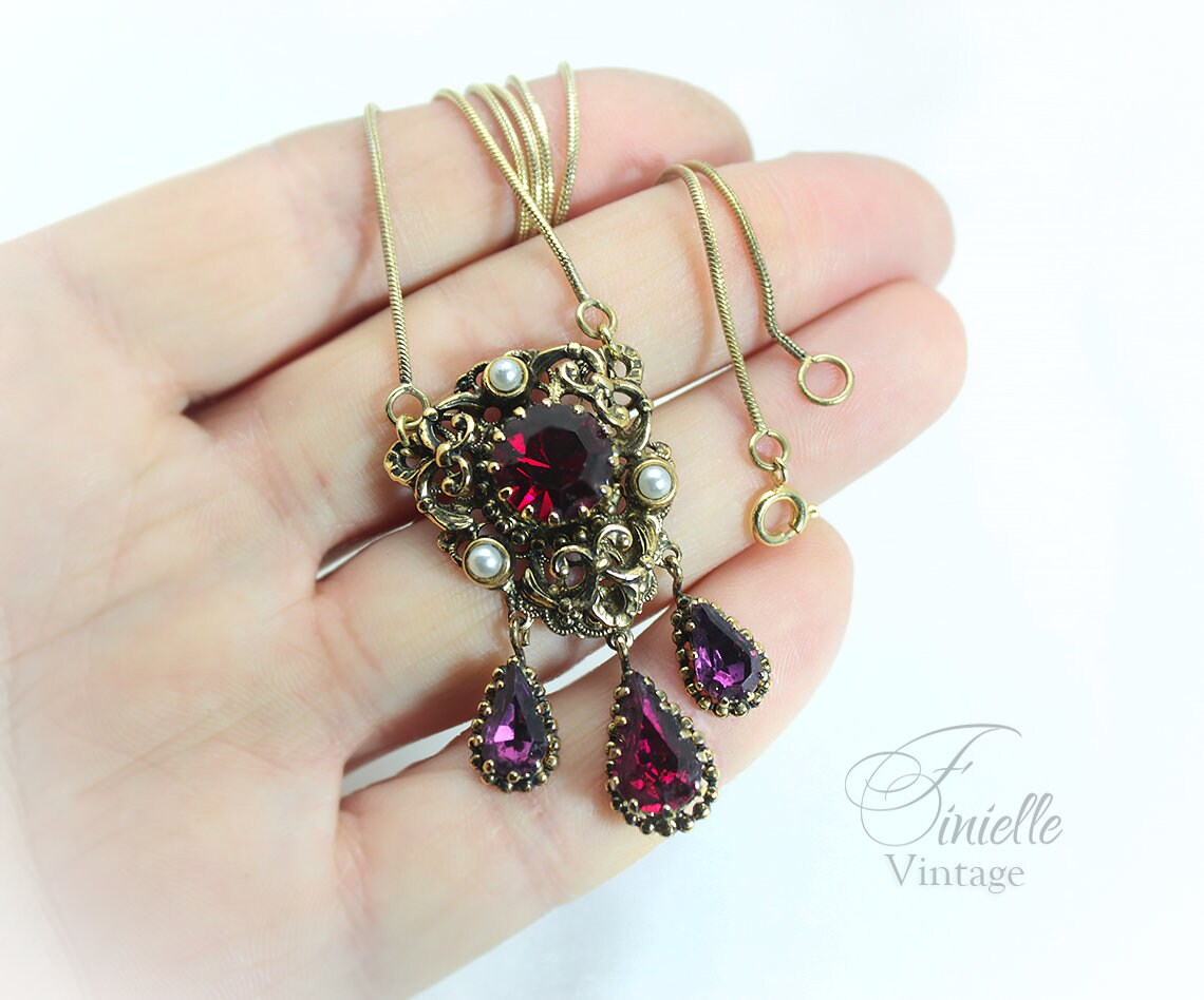 Vintage 1915-1935 Repurposed One, Art Deco Czech Necklace Pendant, Purple Red Bohemian Glass, Rhinestone, Pearls, Gold Plated Jewelry