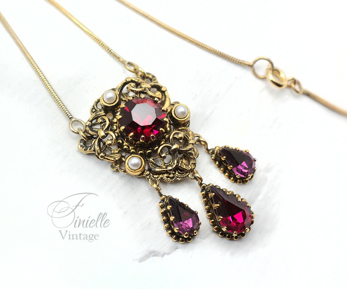 Vintage 1915-1935 Repurposed One, Art Deco Czech Necklace Pendant, Purple Red Bohemian Glass, Rhinestone, Pearls, Gold Plated Jewelry