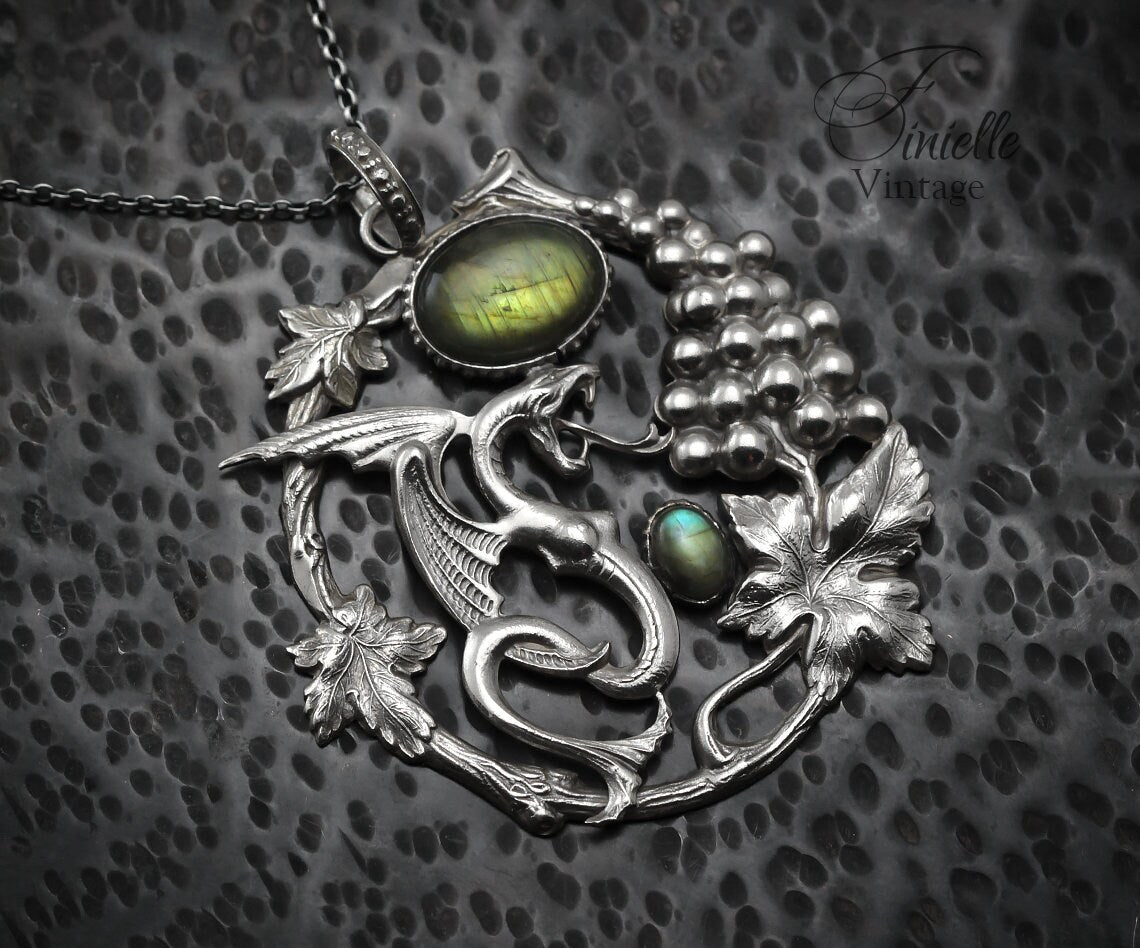 Art Deco Vintage style Dragon Pendant Necklace, Antique Silver Plated, Gold Green Blue Labradorite, Sterling Silver Chain, Unique Gift