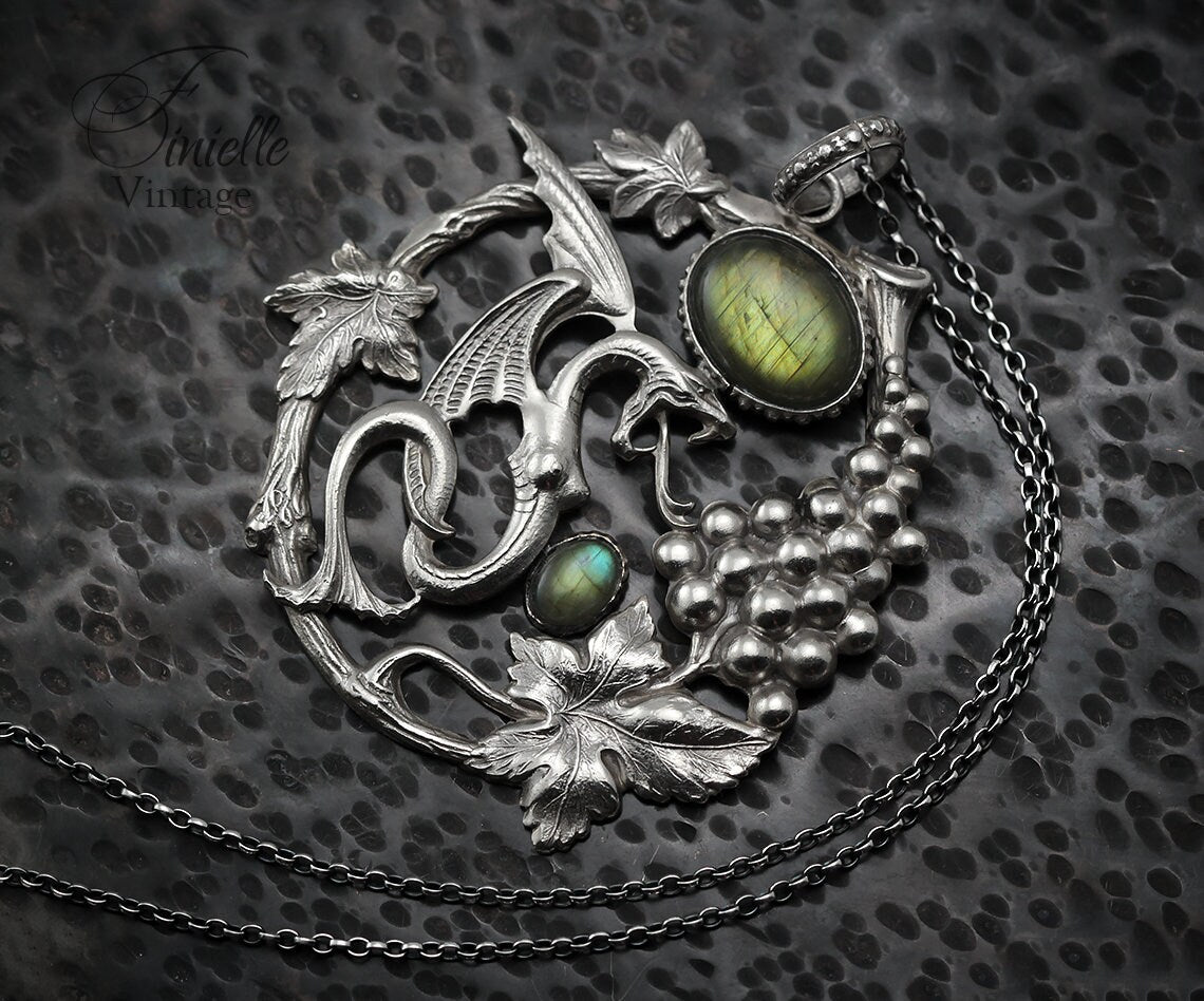 Art Deco Vintage style Dragon Pendant Necklace, Antique Silver Plated, Gold Green Blue Labradorite, Sterling Silver Chain, Unique Gift