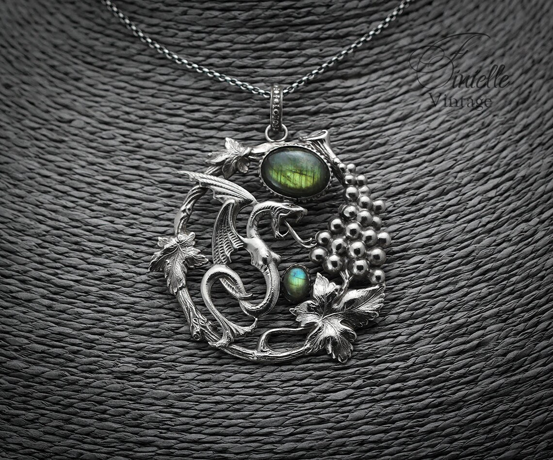 Art Deco Vintage style Dragon Pendant Necklace, Antique Silver Plated, Gold Green Blue Labradorite, Sterling Silver Chain, Unique Gift