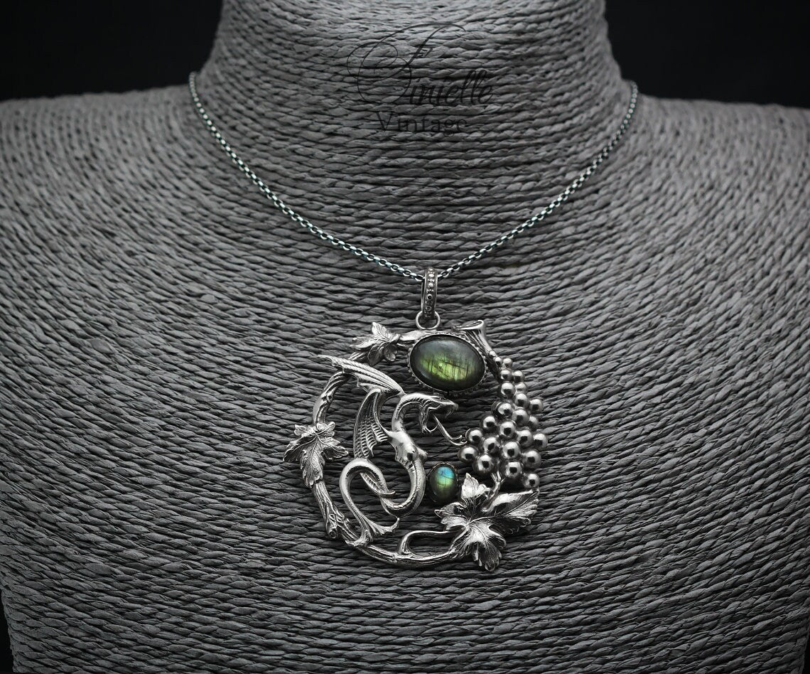 Art Deco Vintage style Dragon Pendant Necklace, Antique Silver Plated, Gold Green Blue Labradorite, Sterling Silver Chain, Unique Gift