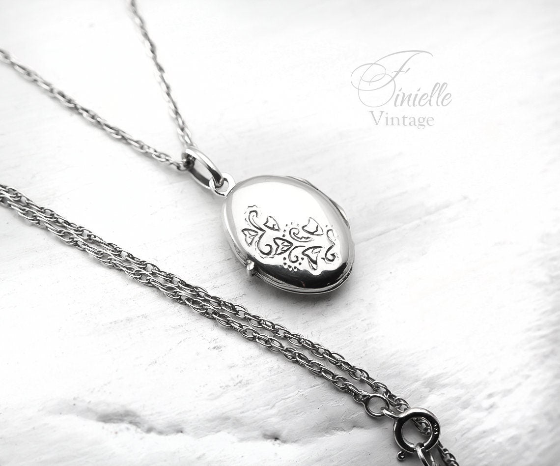 Vintage 1950's Sterling Silver Small Locket Pendant Necklace, Ornate Floral Locket, Sterling Silver Rope Chain, Gift for women