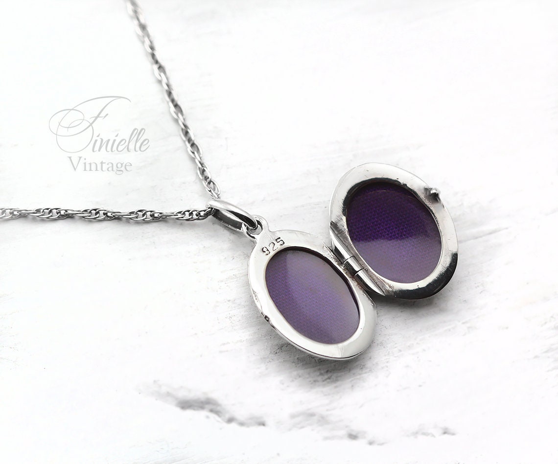 Vintage 1950's Sterling Silver Small Locket Pendant Necklace, Ornate Floral Locket, Sterling Silver Rope Chain, Gift for women