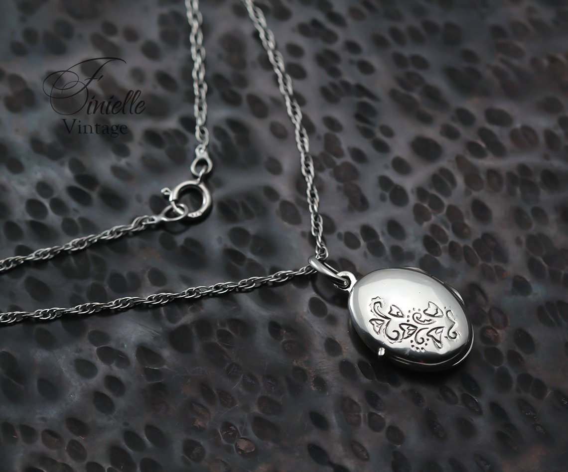 Vintage 1950's Sterling Silver Small Locket Pendant Necklace, Ornate Floral Locket, Sterling Silver Rope Chain, Gift for women