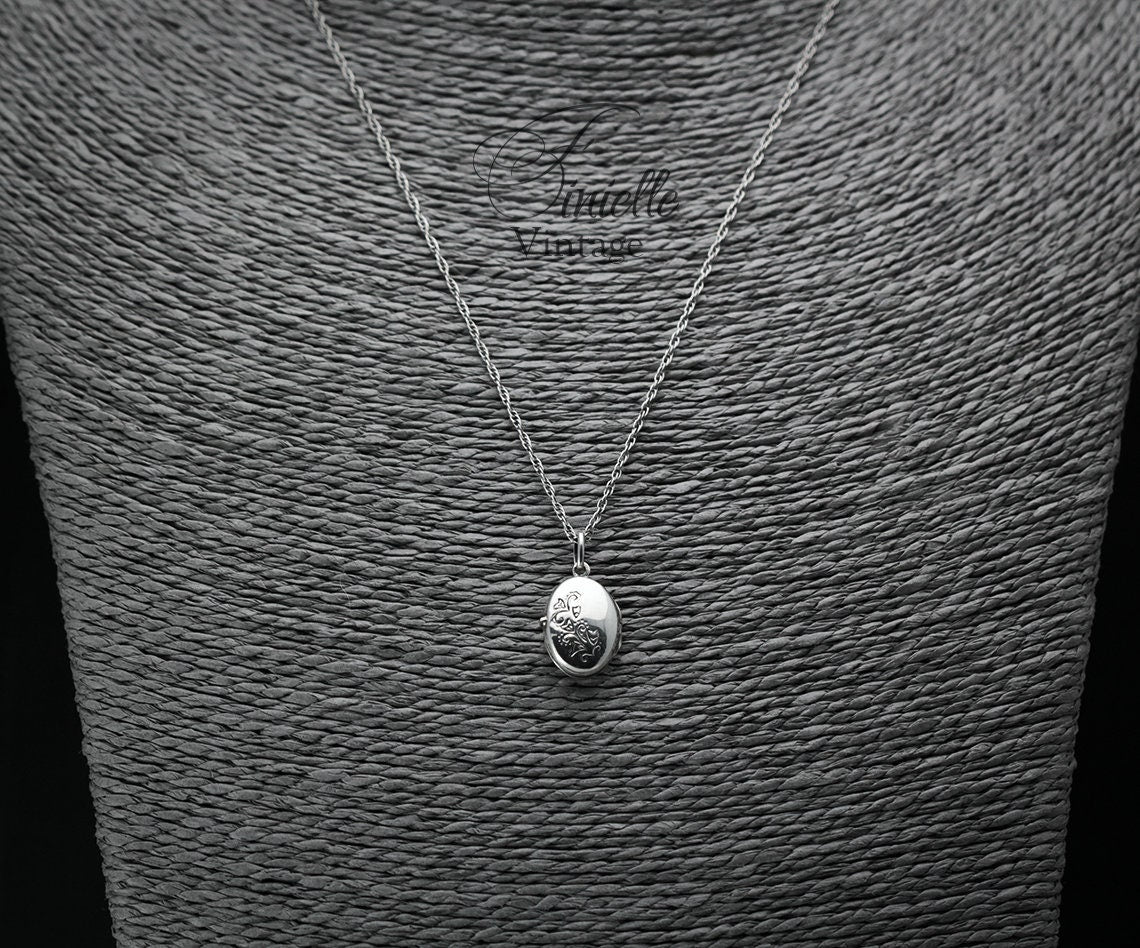 Vintage 1950's Sterling Silver Small Locket Pendant Necklace, Ornate Floral Locket, Sterling Silver Rope Chain, Gift for women