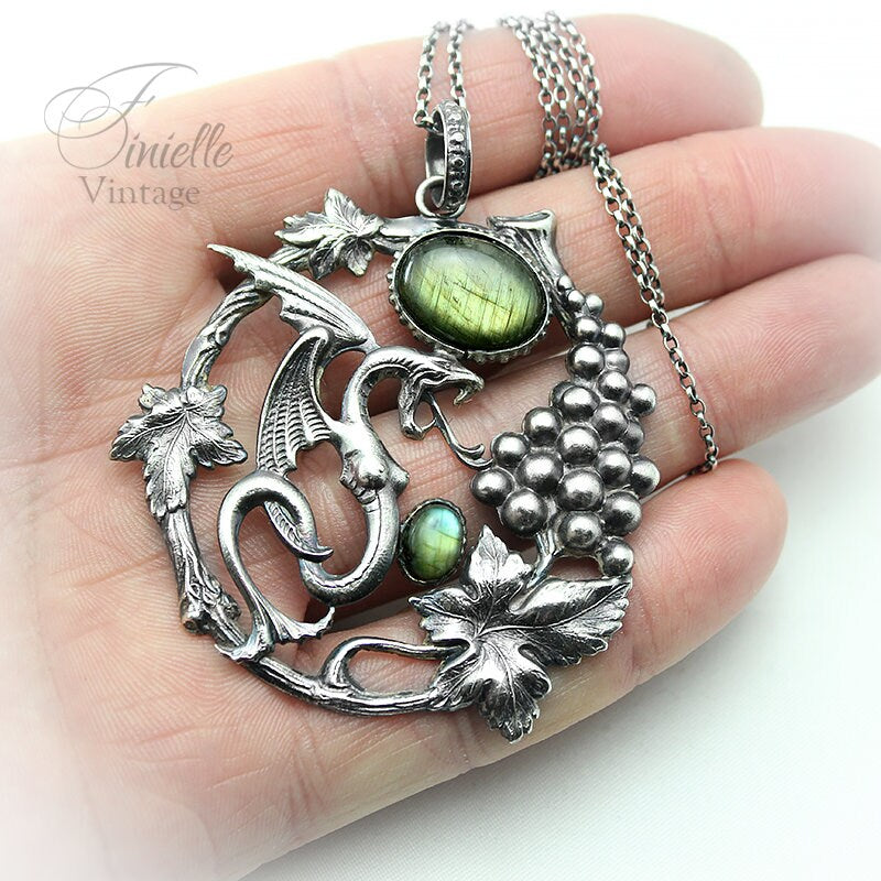Art Deco Vintage style Dragon Pendant Necklace, Antique Silver Plated, Gold Green Blue Labradorite, Sterling Silver Chain, Unique Gift