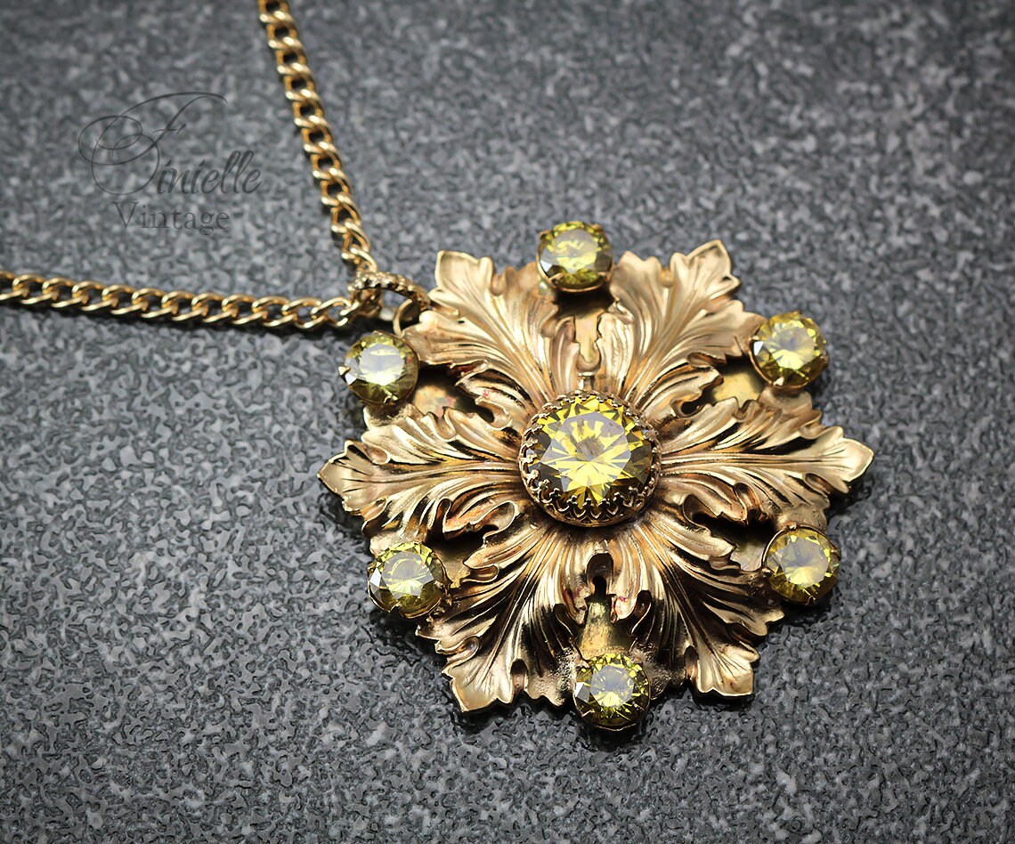 Vintage Czech 1915-1935 Art Deco Floral Necklace, Yellow Cubic Zirconia, 24K Antique Gold Plated Pendant and Chain, Unique Gift for Women