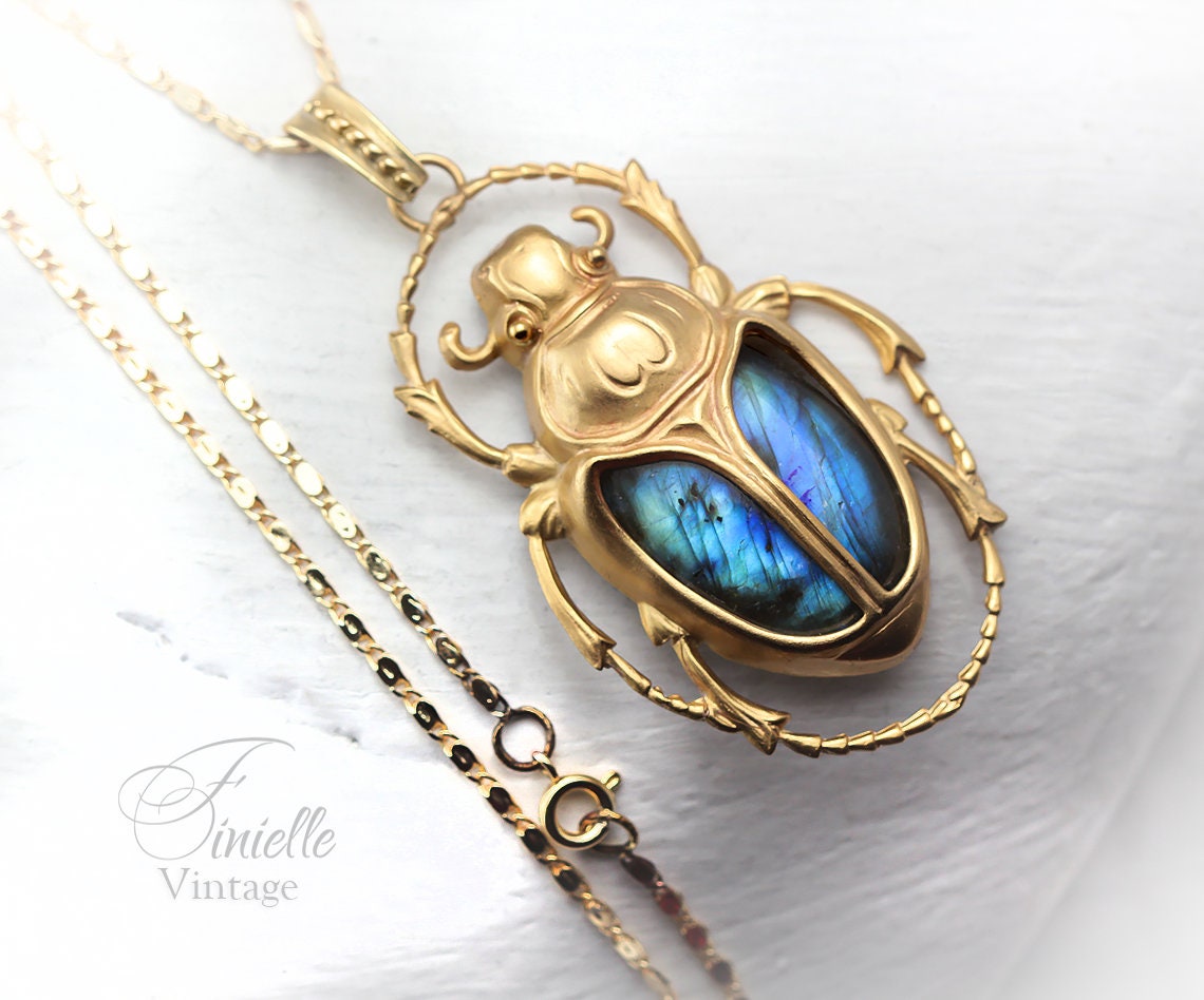 Art Deco Vintage style Egyptian Scarab Large Pendant Necklace, Antique 24k Yellow Gold Plated, Royal Blue Labradorite, Unique Gift