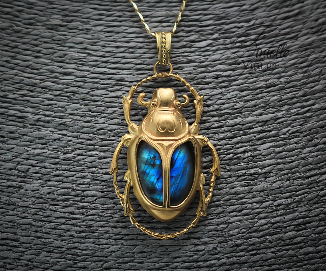 Art Deco Vintage style Egyptian Scarab Large Pendant Necklace, Antique 24k Yellow Gold Plated, Royal Blue Labradorite, Unique Gift