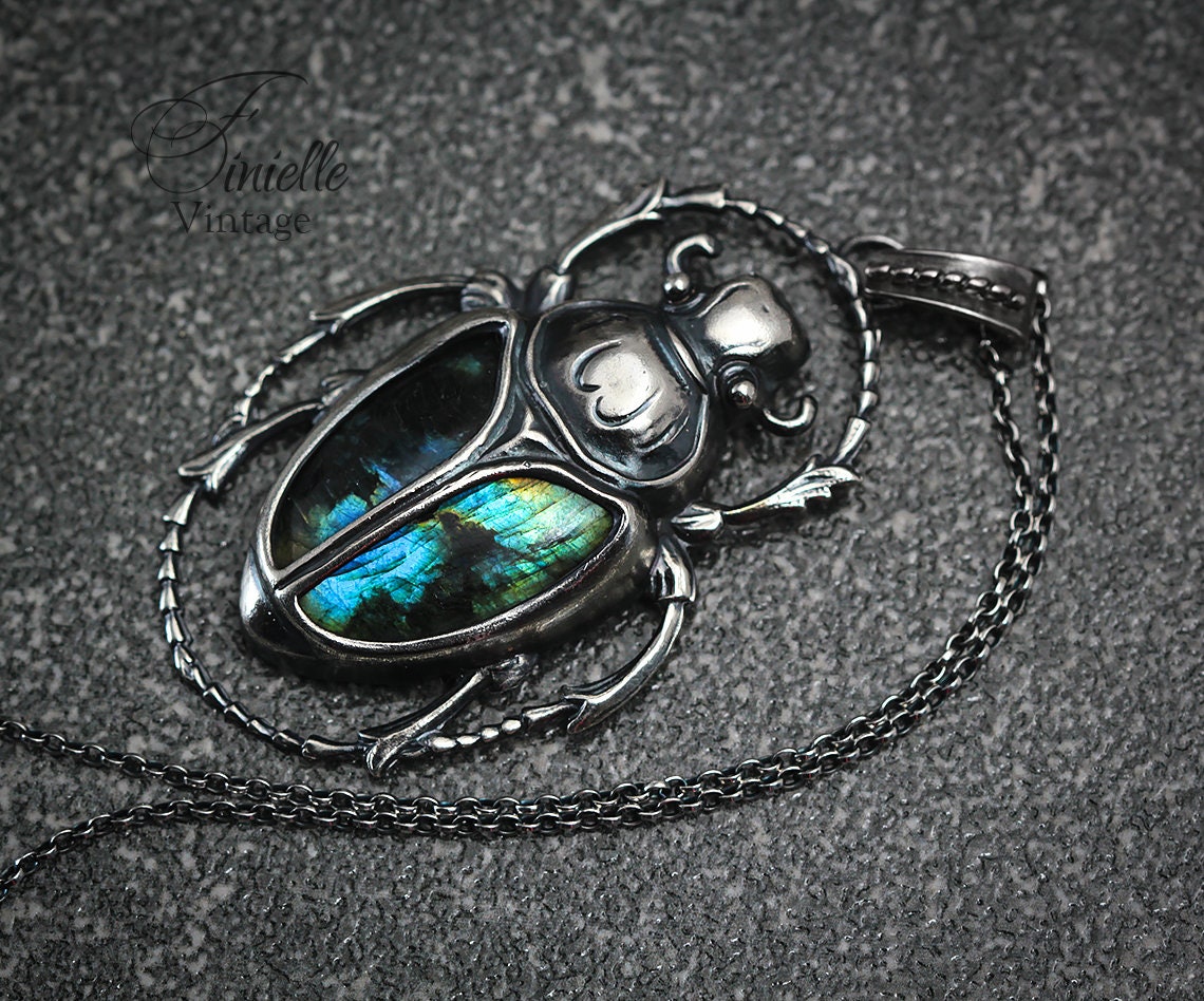 Art Deco Vintage style Egyptian Scarab Pendant Necklace, Antique Silver Plated, Royal Blue Labradorite, Sterling Silver Chain, Unique Gift