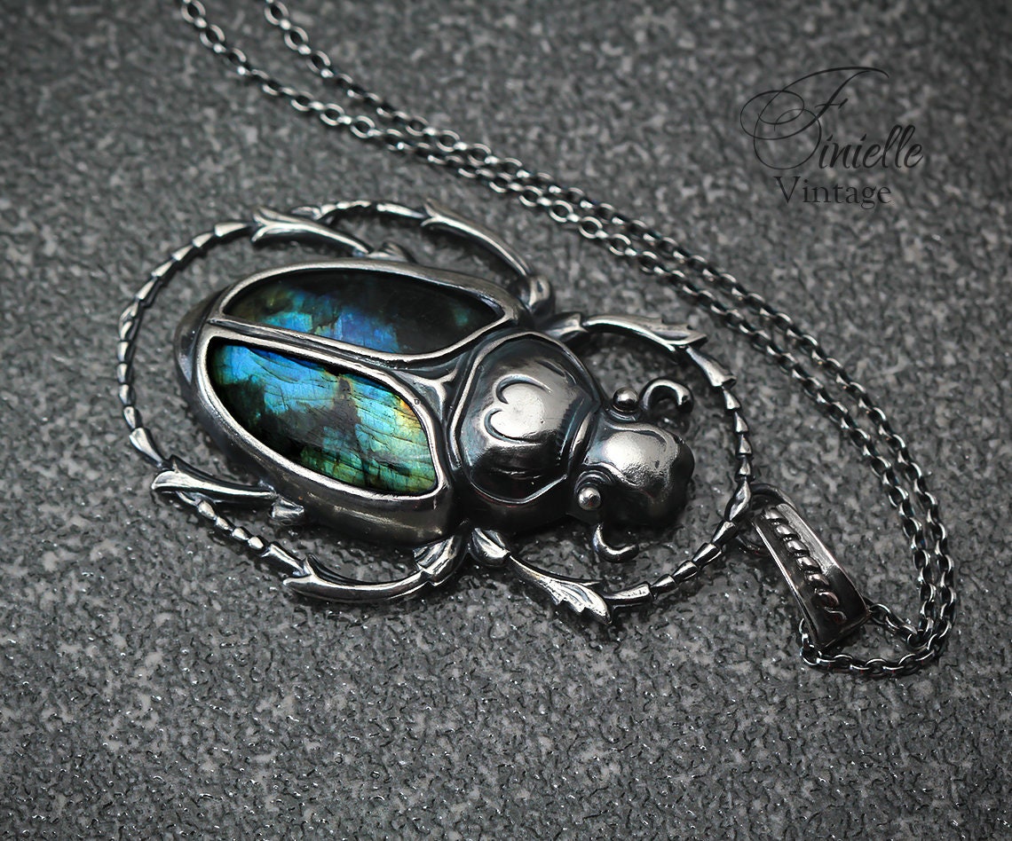 Art Deco Vintage style Egyptian Scarab Pendant Necklace, Antique Silver Plated, Royal Blue Labradorite, Sterling Silver Chain, Unique Gift