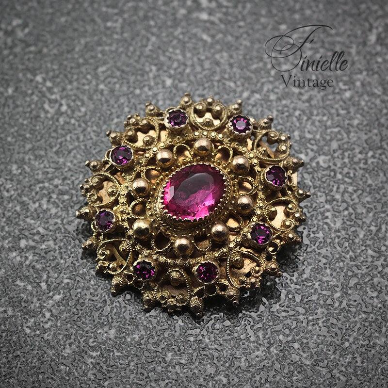 Victorian 1850-1900 Antique Filigree Ornate Paste Brooch Pin, Rose Pink Glass Rhinestones, Antique Gold Plated, Unique Jewelry Jewellery