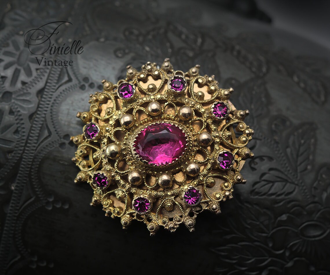 Victorian 1850-1900 Antique Filigree Ornate Paste Brooch Pin, Rose Pink Glass Rhinestones, Antique Gold Plated, Unique Jewelry Jewellery