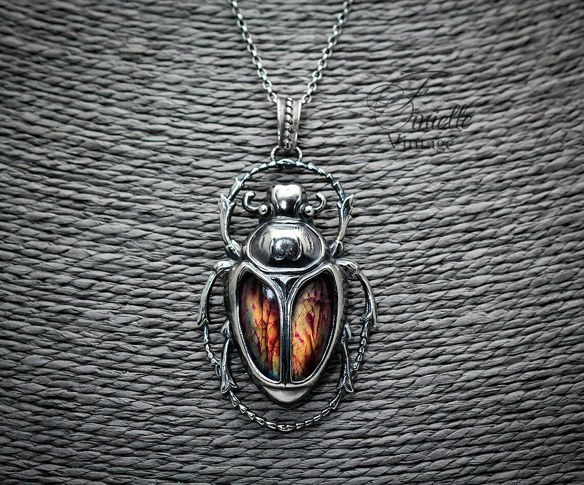 Art Deco Vintage style Egyptian Scarab Pendant Necklace, Antique Silver Plated, Redish Labradorite, Sterling Silver Chain, Unique Gift