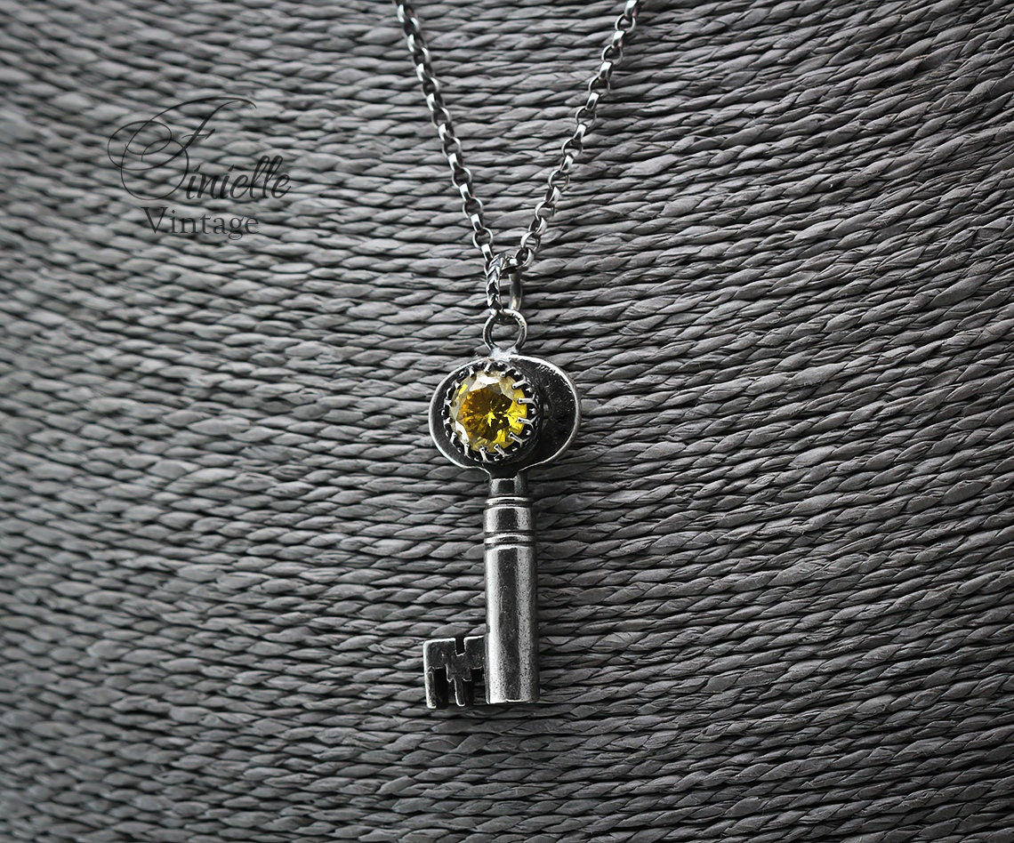 Unique Antique Victorian / Edwardian Key Necklace, Antique Silver Plated Pendant, Sterling Silver Chain, Goth Gothic Vintage Jewelry