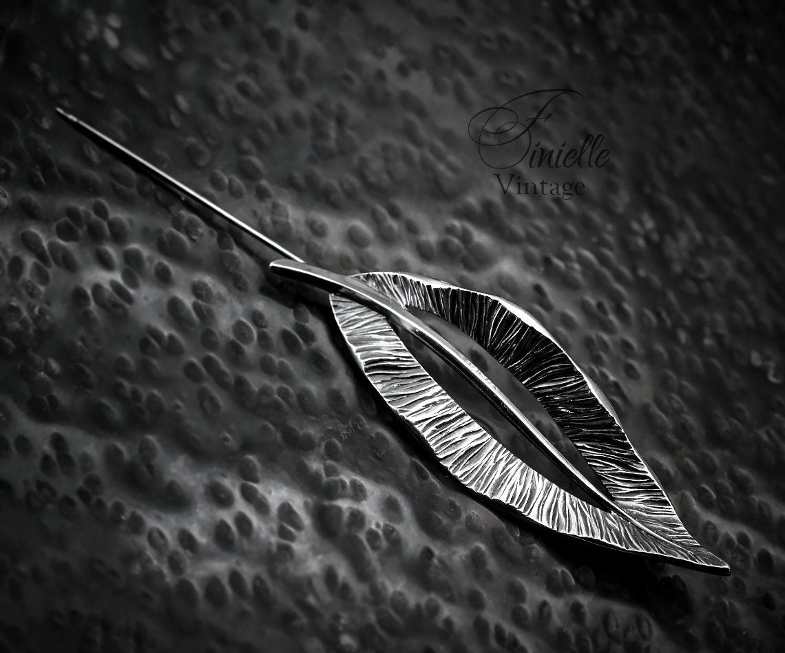 Sterling Silver Vintage Mid-century 1950-1960's | Hammered Elegant Leaf Brooch Pin | Vintage Exquisite Jewelry Jewellery Unique Gift