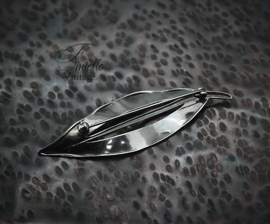 Sterling Silver Vintage Mid-century 1950-1960's | Hammered Elegant Leaf Brooch Pin | Vintage Exquisite Jewelry Jewellery Unique Gift