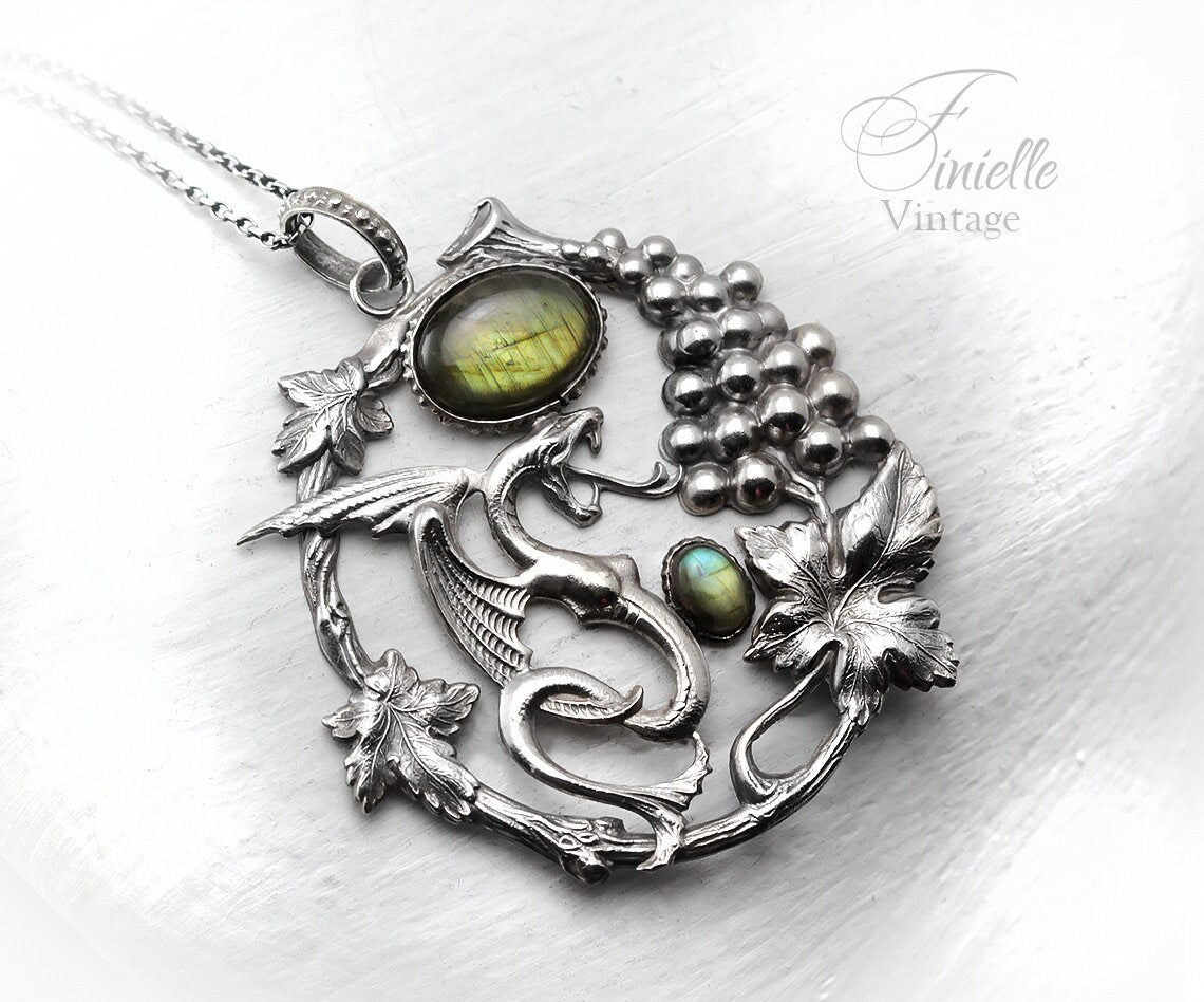 Art Deco Vintage style Dragon Pendant Necklace, Antique Silver Plated, Gold Green Blue Labradorite, Sterling Silver Chain, Unique Gift