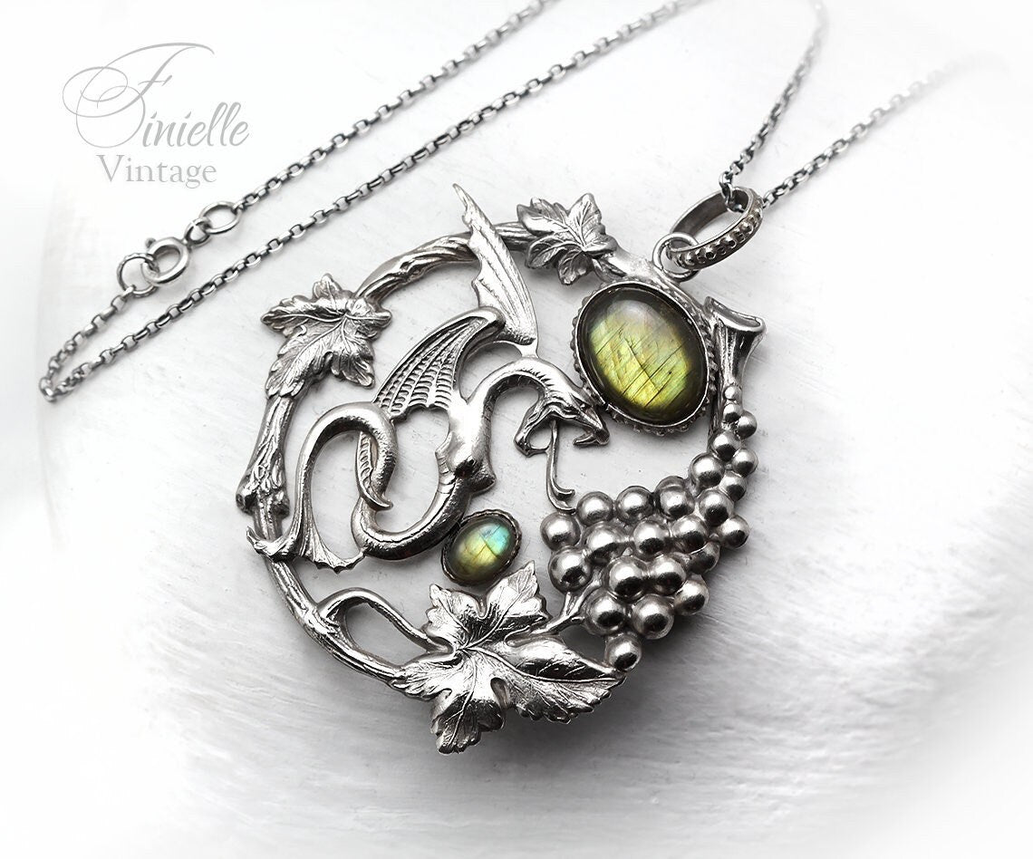 Art Deco Vintage style Dragon Pendant Necklace, Antique Silver Plated, Gold Green Blue Labradorite, Sterling Silver Chain, Unique Gift