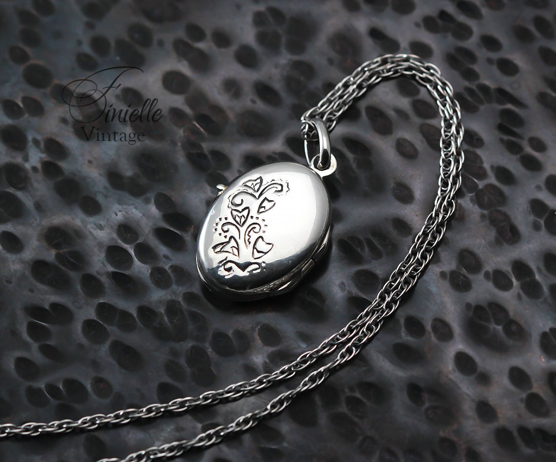 Vintage 1950's Sterling Silver Small Locket Pendant Necklace, Ornate Floral Locket, Sterling Silver Rope Chain, Gift for women