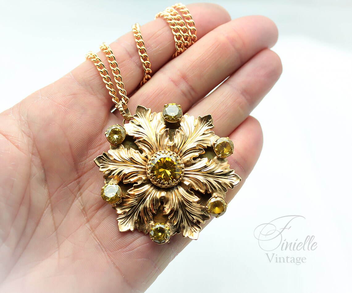 Vintage Czech 1915-1935 Art Deco Floral Necklace, Yellow Cubic Zirconia, 24K Antique Gold Plated Pendant and Chain, Unique Gift for Women