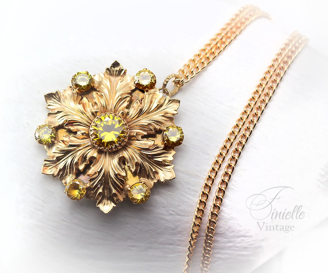 Vintage Czech 1915-1935 Art Deco Floral Necklace, Yellow Cubic Zirconia, 24K Antique Gold Plated Pendant and Chain, Unique Gift for Women
