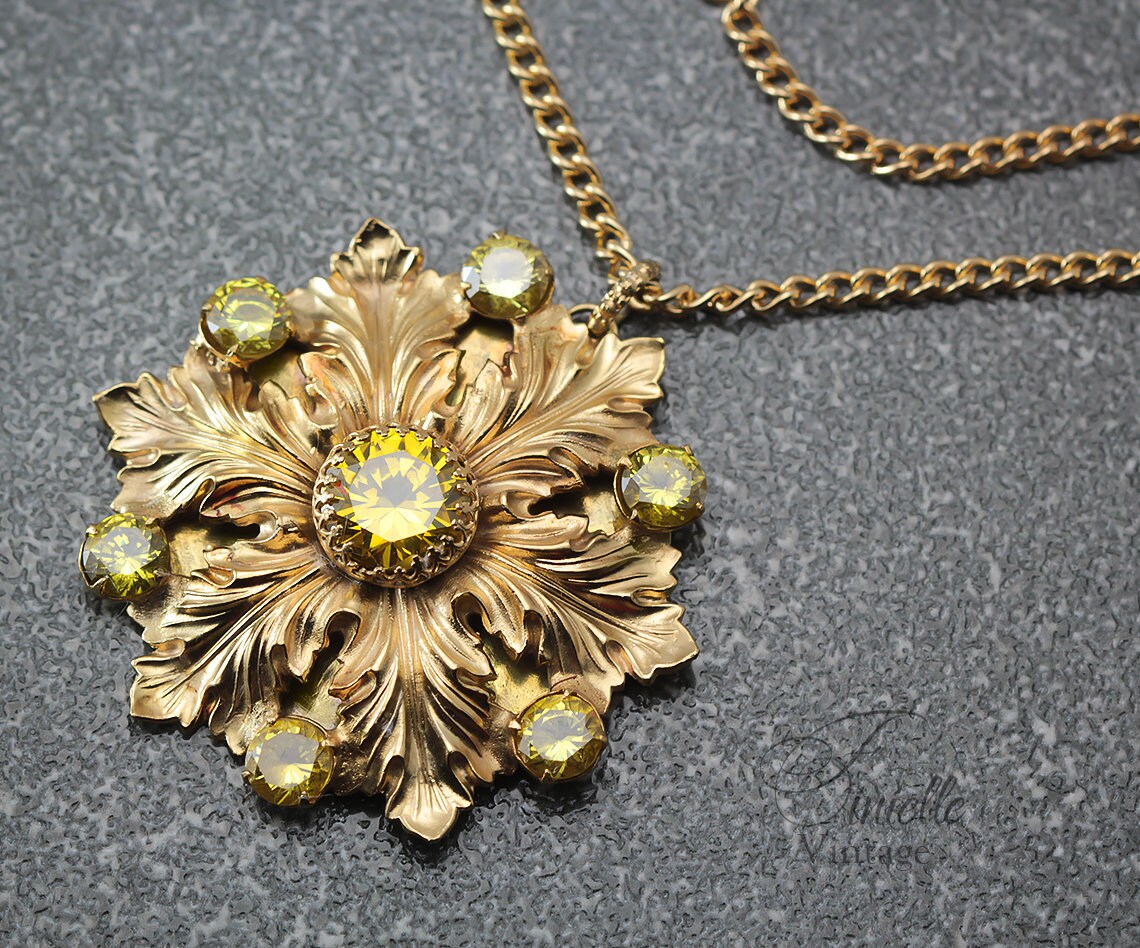 Vintage Czech 1915-1935 Art Deco Floral Necklace, Yellow Cubic Zirconia, 24K Antique Gold Plated Pendant and Chain, Unique Gift for Women