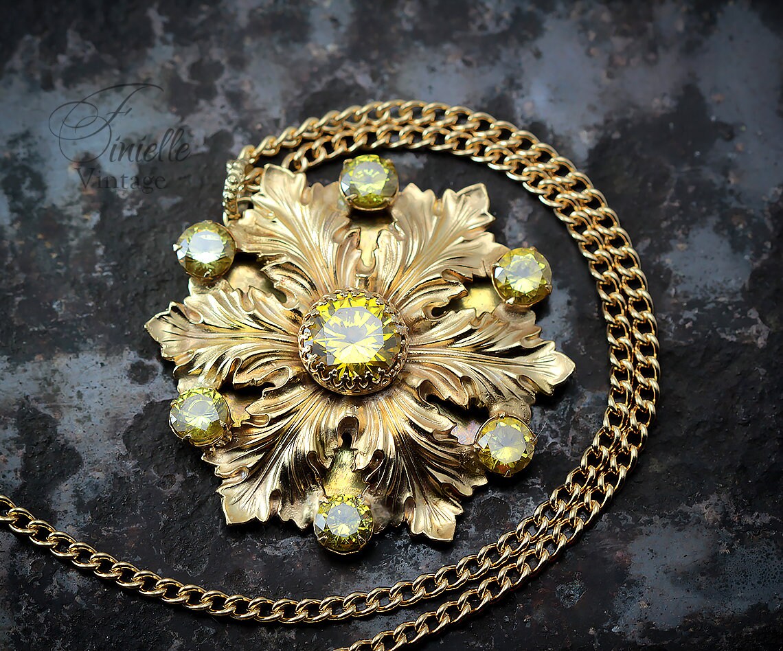 Vintage Czech 1915-1935 Art Deco Floral Necklace, Yellow Cubic Zirconia, 24K Antique Gold Plated Pendant and Chain, Unique Gift for Women