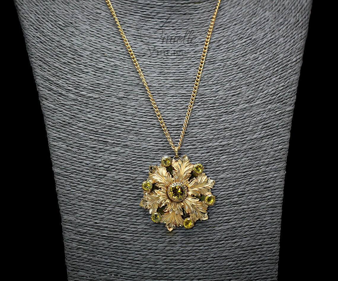 Vintage Czech 1915-1935 Art Deco Floral Necklace, Yellow Cubic Zirconia, 24K Antique Gold Plated Pendant and Chain, Unique Gift for Women