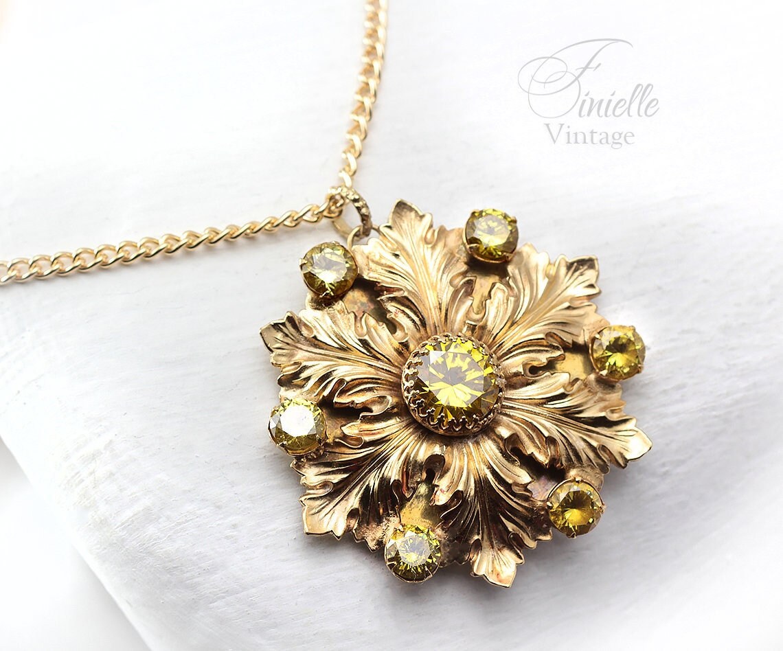 Vintage Czech 1915-1935 Art Deco Floral Necklace, Yellow Cubic Zirconia, 24K Antique Gold Plated Pendant and Chain, Unique Gift for Women