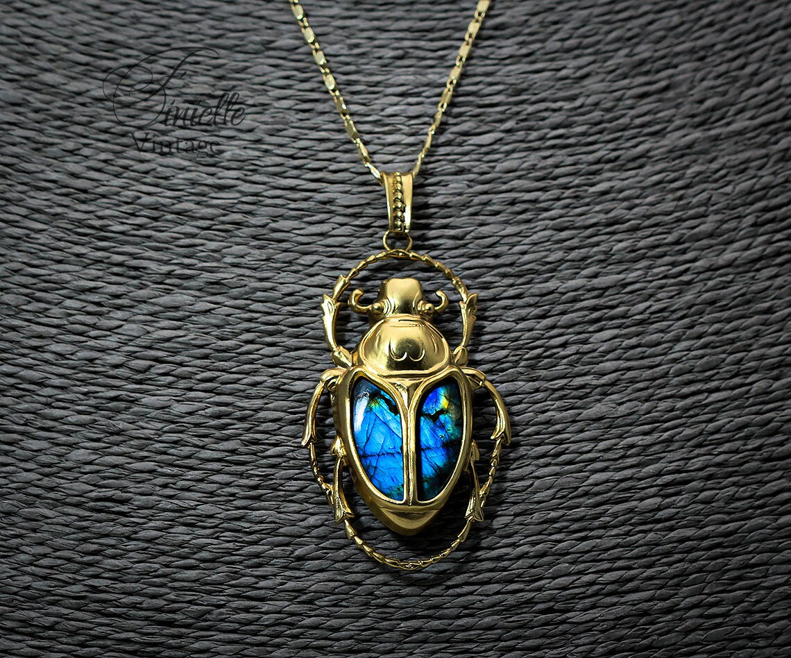 Art Deco Vintage style Egyptian Scarab Large Pendant Necklace, Antique 24k Yellow Gold Plated, Royal Blue Labradorite, Unique Gift