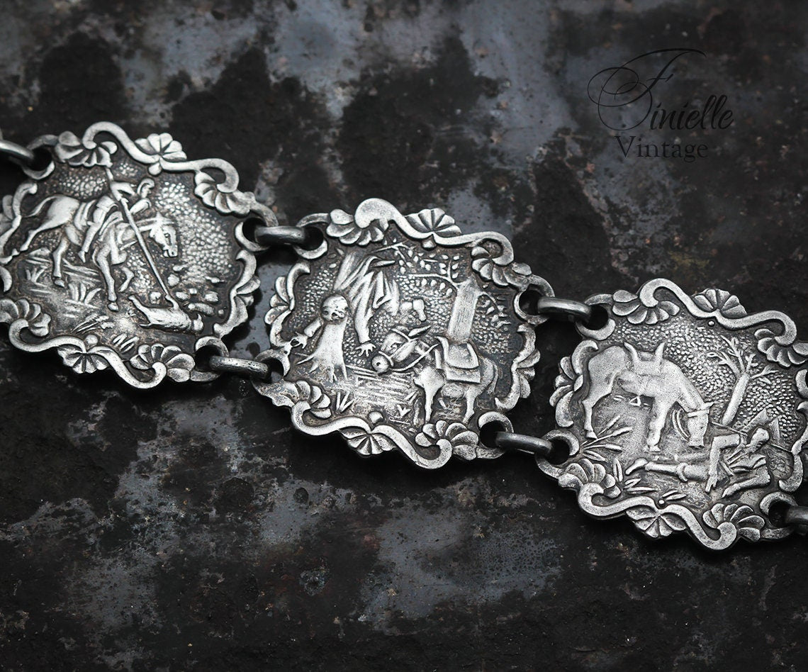 Silver Plated, Vintage 1940-1950s, Spanish Cervantes Don Quixote Story Panel Bracelet, Vintage Spanish Jewelry, Art Nouveau style Jewellery