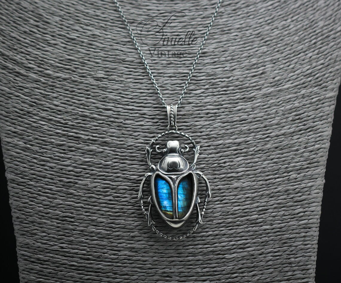 Art Deco Vintage style Egyptian Scarab Pendant Necklace, Antique Silver Plated, Royal Blue Labradorite, Sterling Silver Chain, Unique Gift