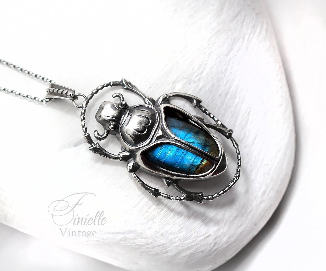 Art Deco Vintage style Egyptian Scarab Pendant Necklace, Antique Silver Plated, Royal Blue Labradorite, Sterling Silver Chain, Unique Gift