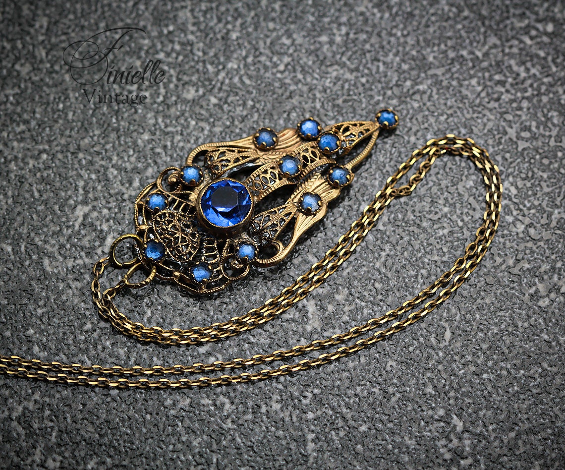 Antique Vintage 1920-1935 Czech Art Deco Dress Clip, Repurposed One, Filigree Pendant Necklace, Antique 24K Gold Plated, Unique Gift