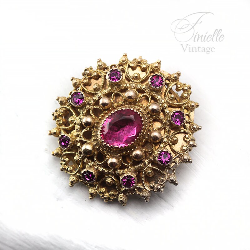Victorian 1850-1900 Antique Filigree Ornate Paste Brooch Pin, Rose Pink Glass Rhinestones, Antique Gold Plated, Unique Jewelry Jewellery